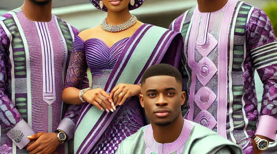 Aso ebi African wear for a group of adult Black African Americans, with men wearing shirts and women in classic outfits, made of a mixture of purple, light green, and white Aso ebi African wear for a group of adult Black African Americans, with men wearing shirts and women in classic outfits, made of a mixture of purple, light green, and white